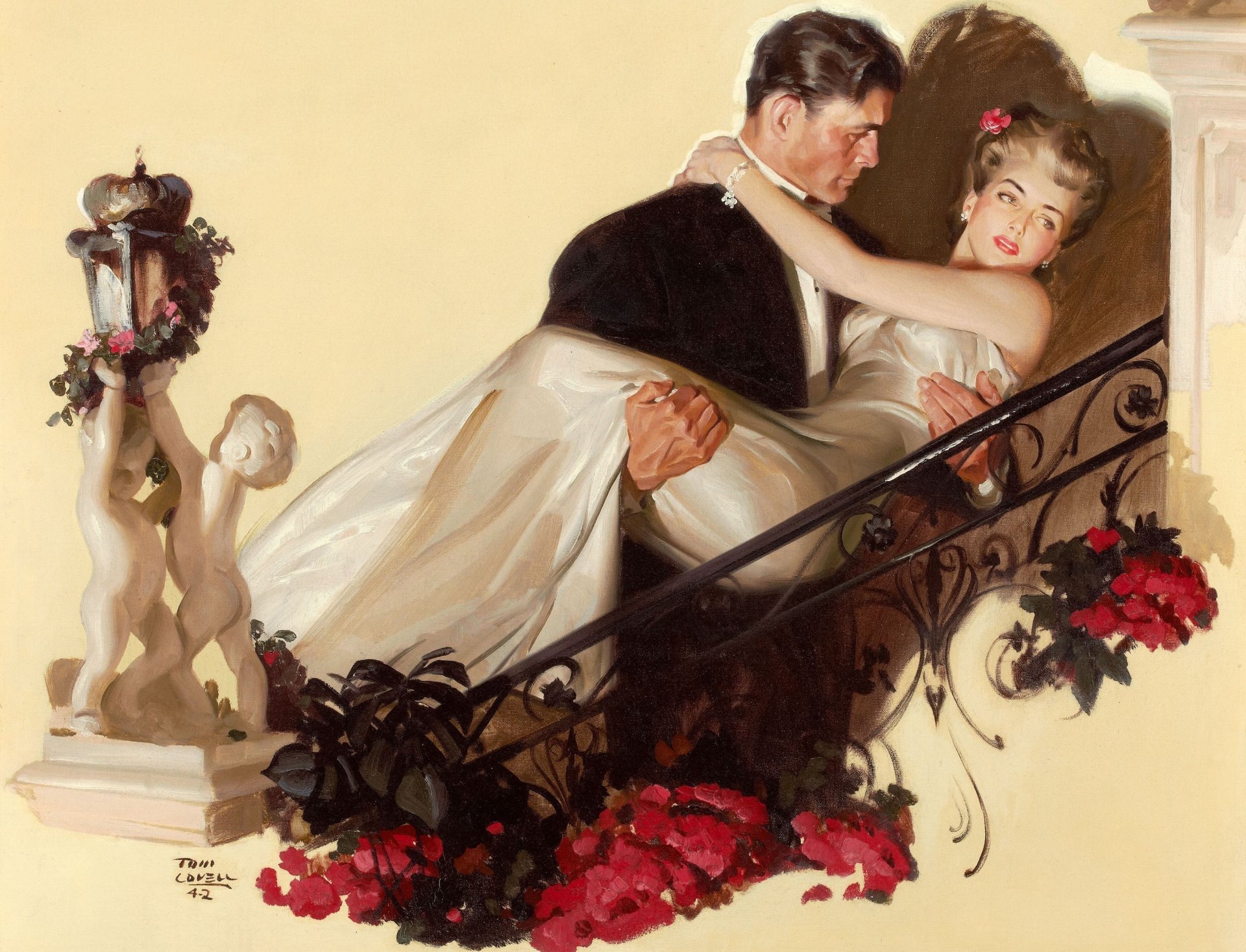 tom lovell deux homme femme fleurs robe peinture dessin