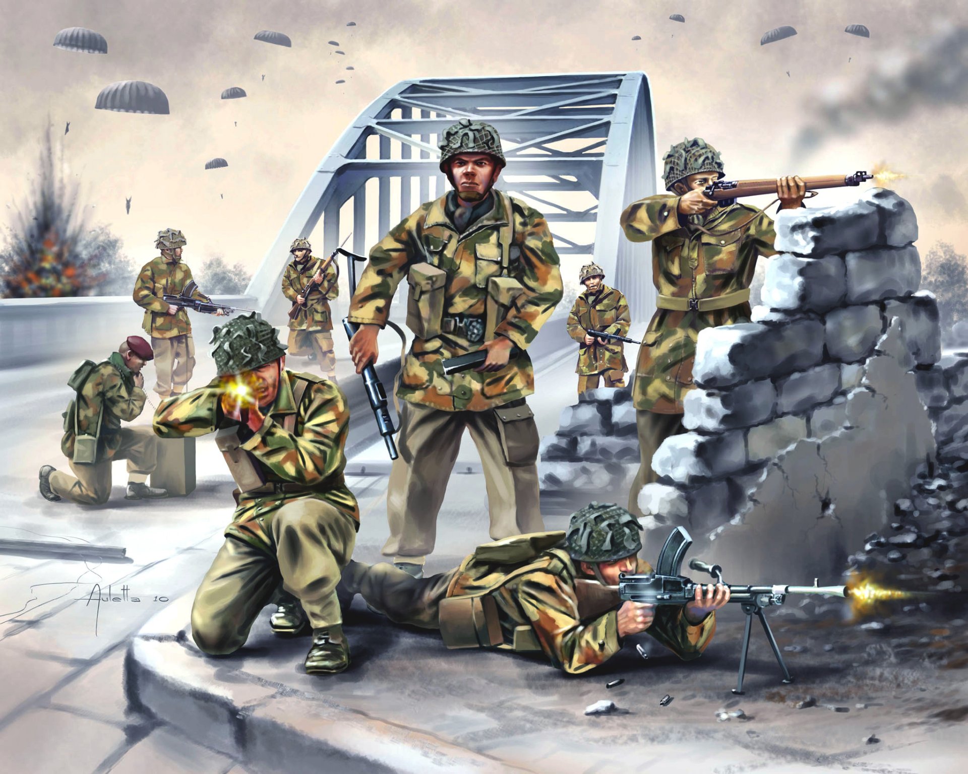 art pont débarquement parachutistes parachutistes britanniques armes équipement coloration tir ww2 dessin