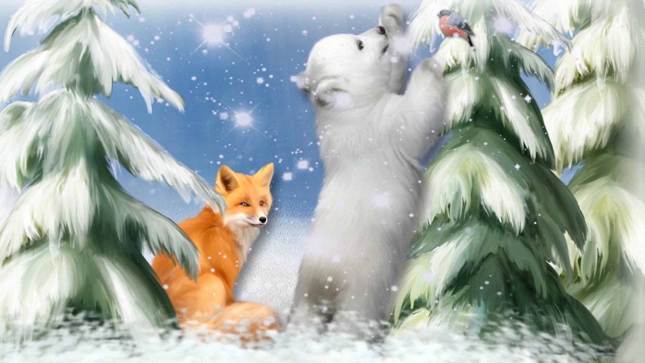 art painting pattern christmas tree snow snowflakes fox bear bullfinch game curiosity tale