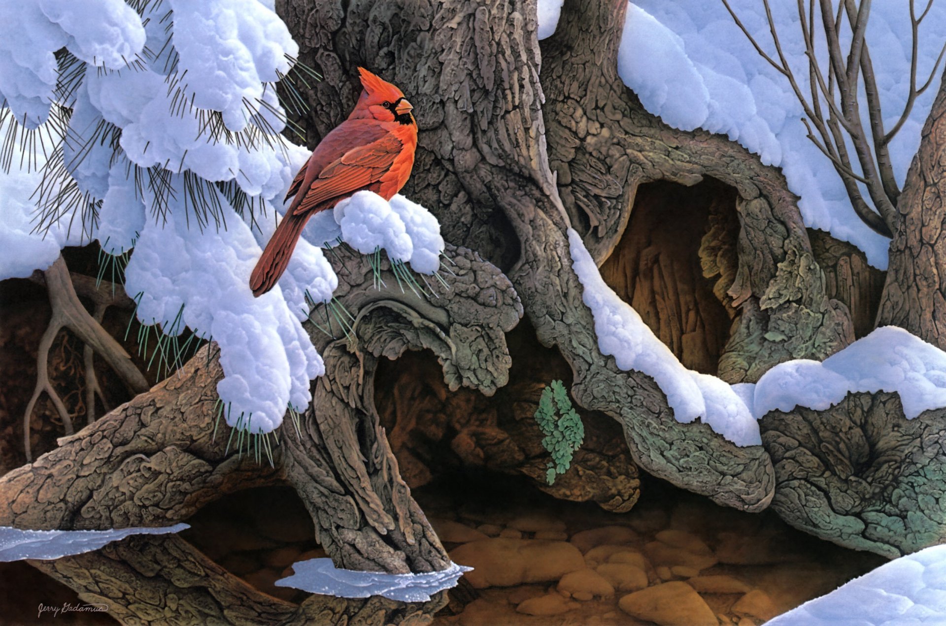 jerry gadamus the witness tree painting snow winter tree poultry cardinal