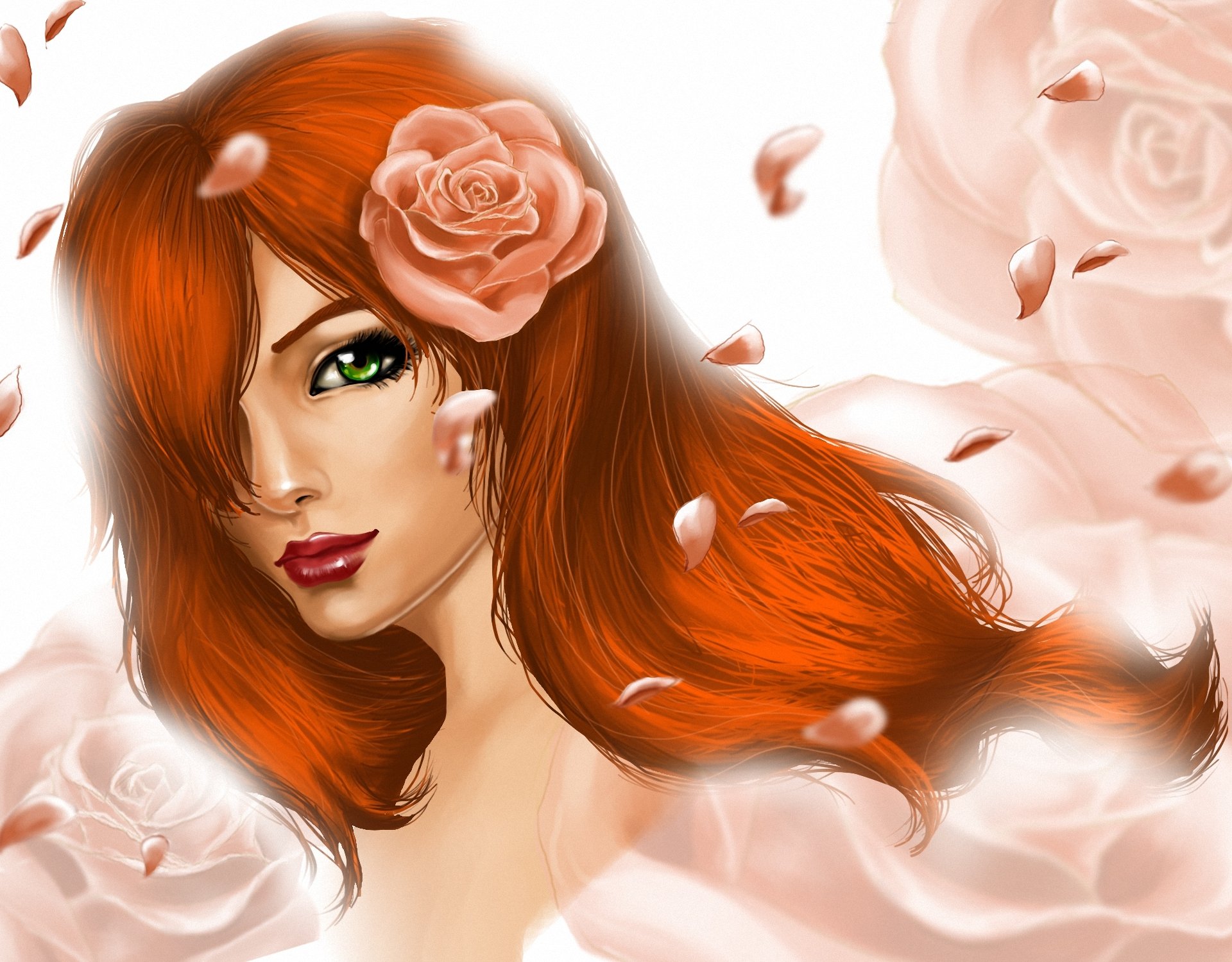 art fille rousse fleurs roses pétales