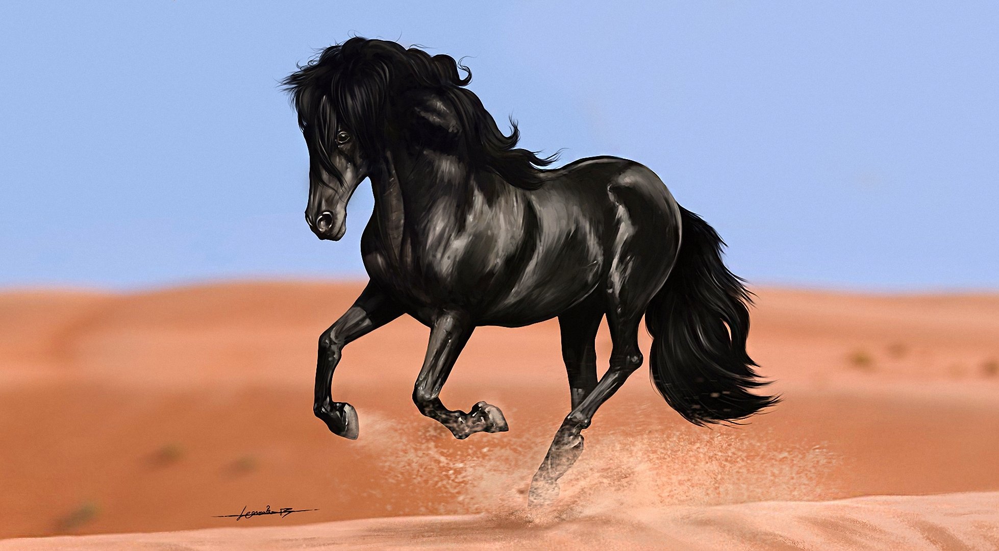 art horse crow dune sand running