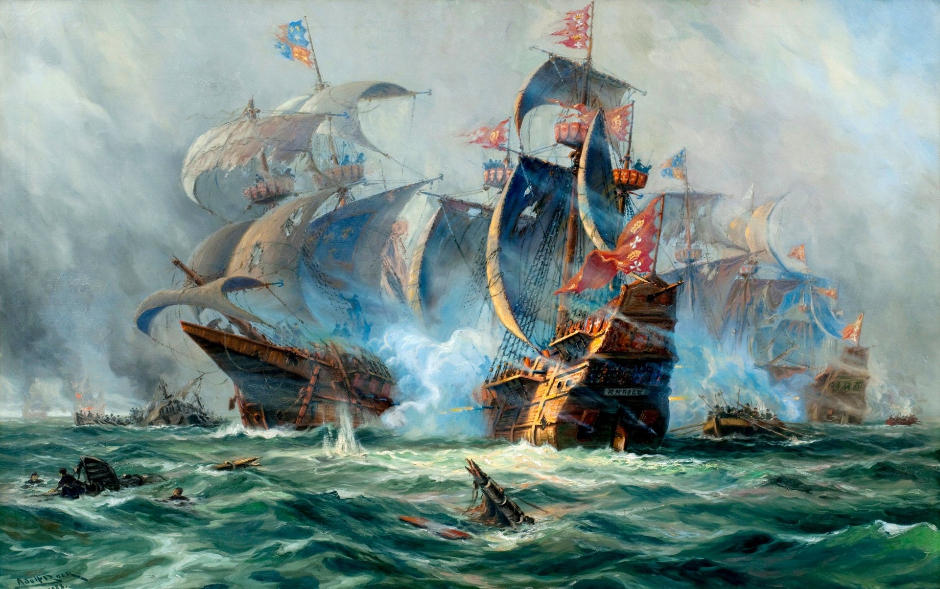 bataille navale navires voiliers coups de feu fumée canots épaves de mâts vagues marins patauger peinture huile sur toile