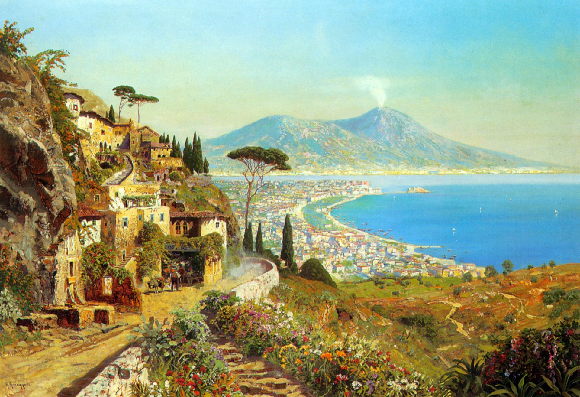 alois arnegger golfo de nápoles paisaje pintura bahía mar nápoles montañas volcán vesubio italia mar tirreno