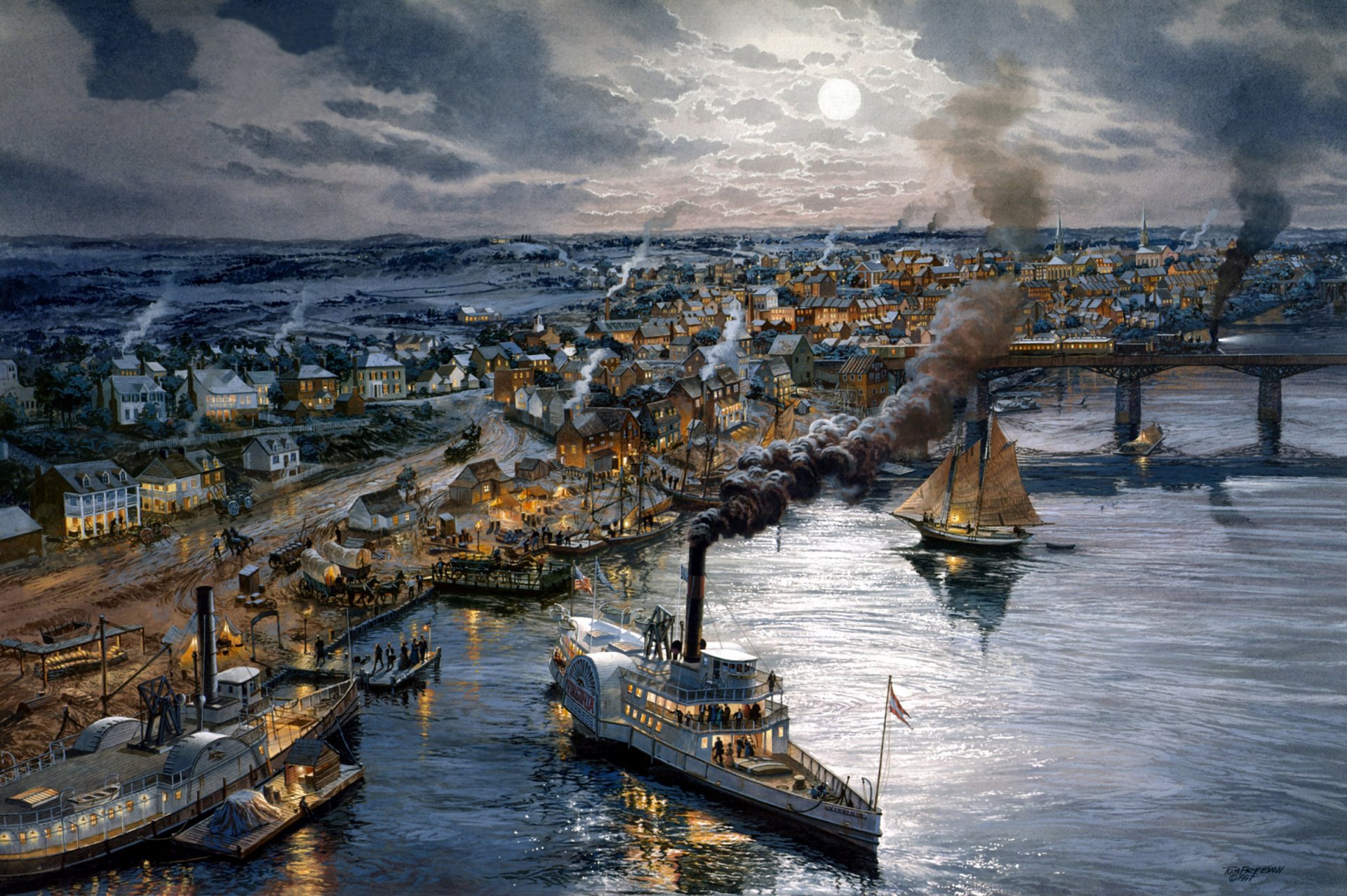 arte marina pintura barcos legado del presidente océano muelle ciudad tarde casas puente barcos de vapor veleros en movimiento artista tom freeman