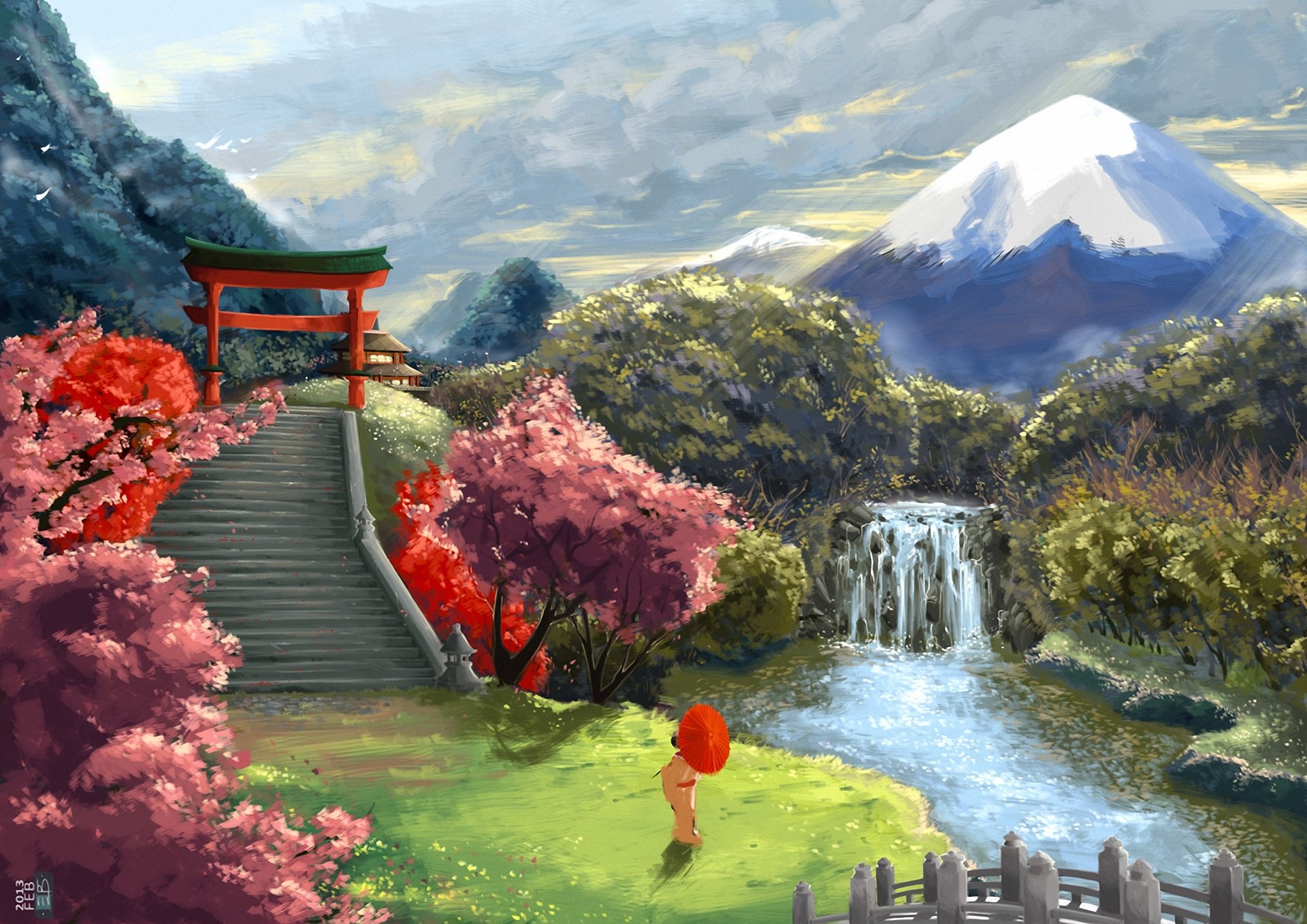 arte paesaggio asia geisha ombrello sakura scala cancello montagna cascata fiume