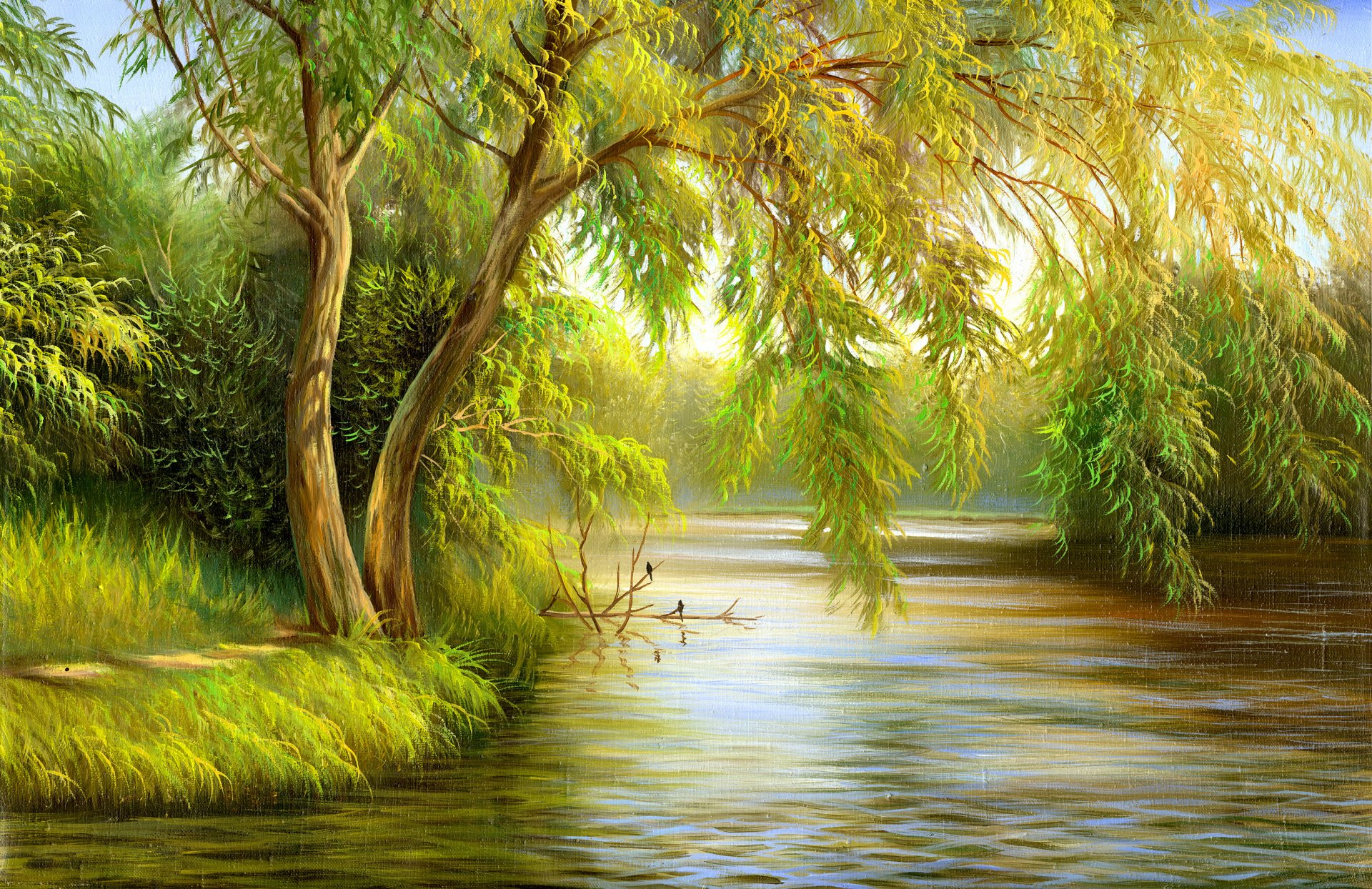 pintura naturaleza verde lienzo árboles aves