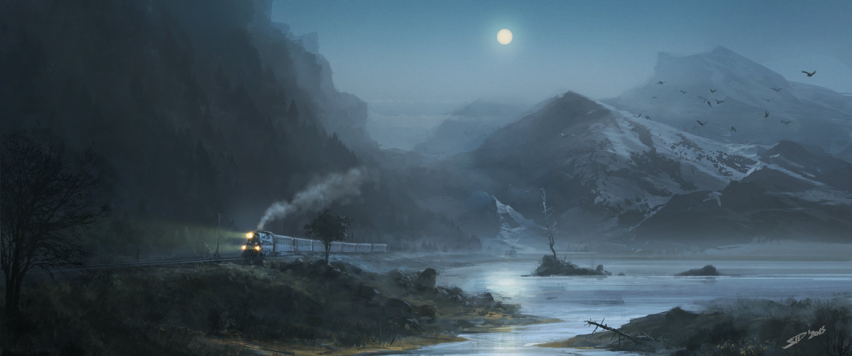 train lake birds moon night mountain