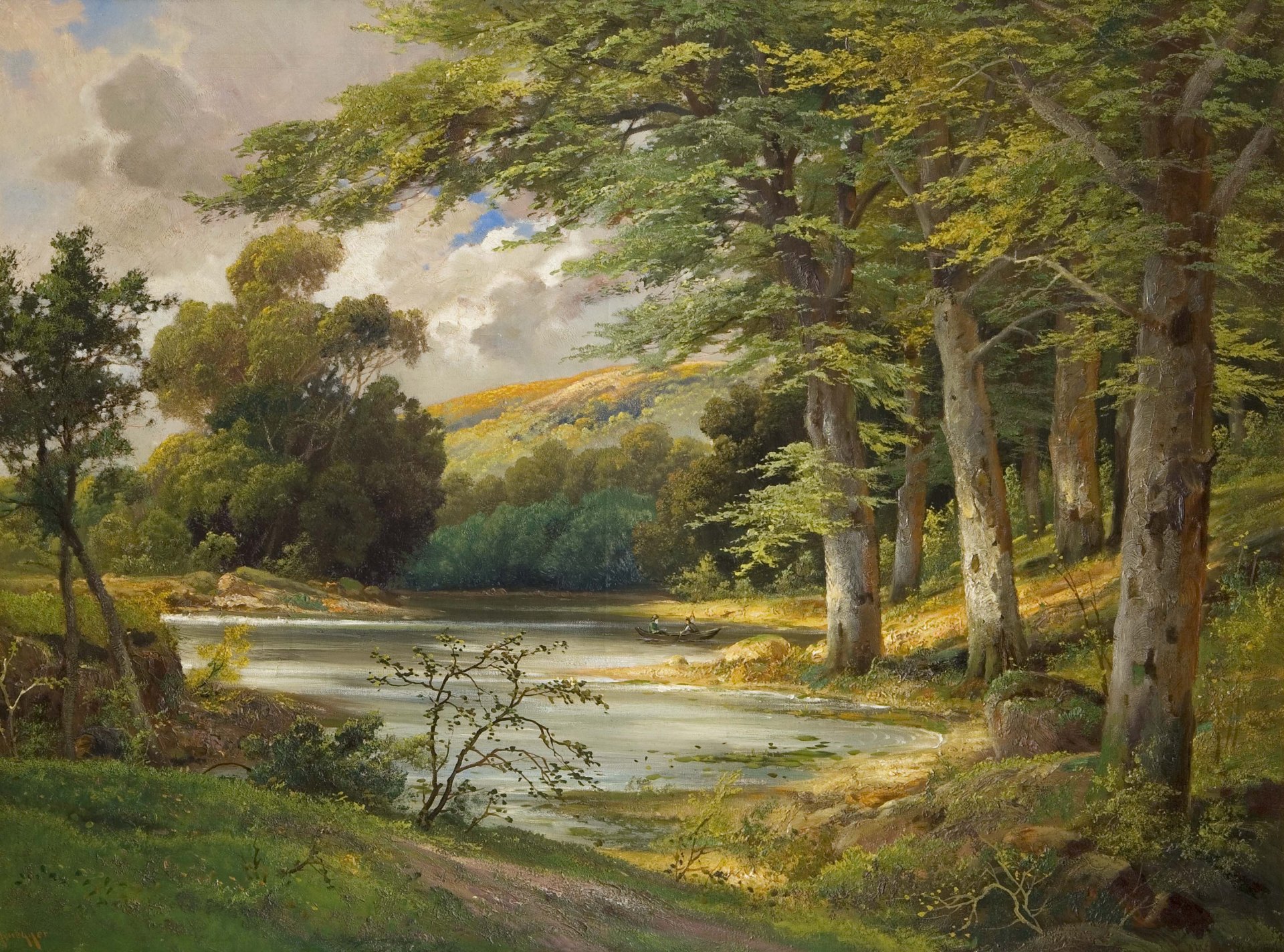 alois arnegger romantische waldlandschaft malerei landschaft wald see boot