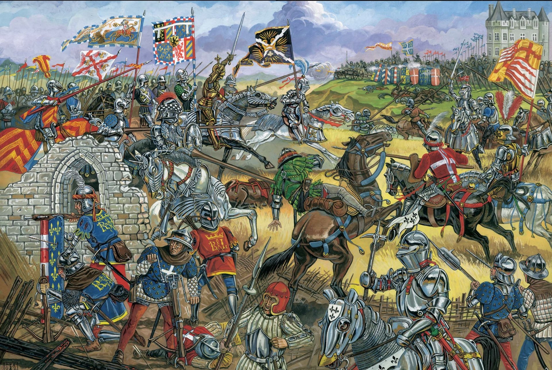 battle of montlhéry july 161465 burgundy a famous french army banner pennants horse men gendarmes arbaletchiki archers spear swords armour artillery kulevriny serpentines shots smoke picture