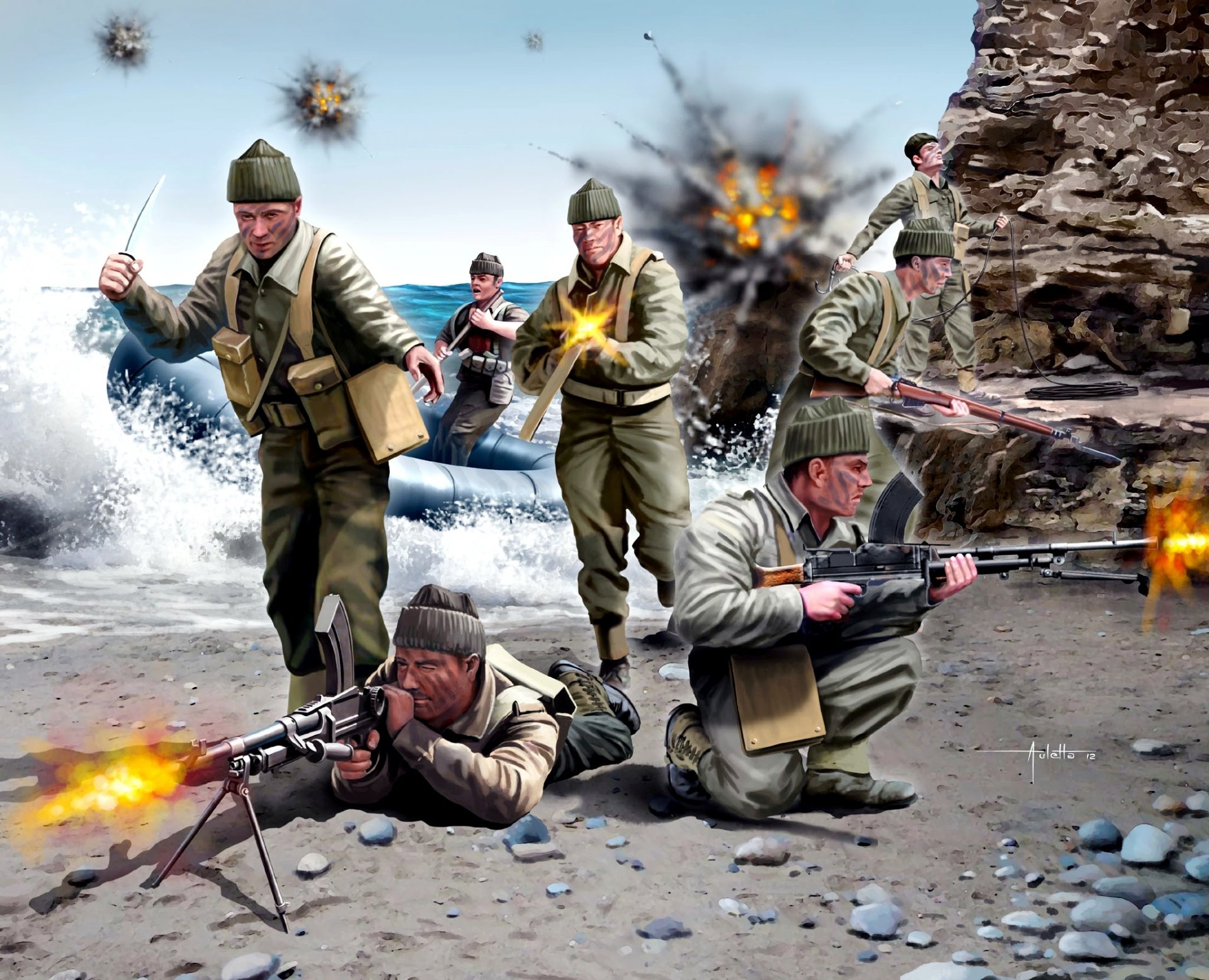 art sea beach landing british commandos weapon industrial complex coloring shooting explosions ww2 picture