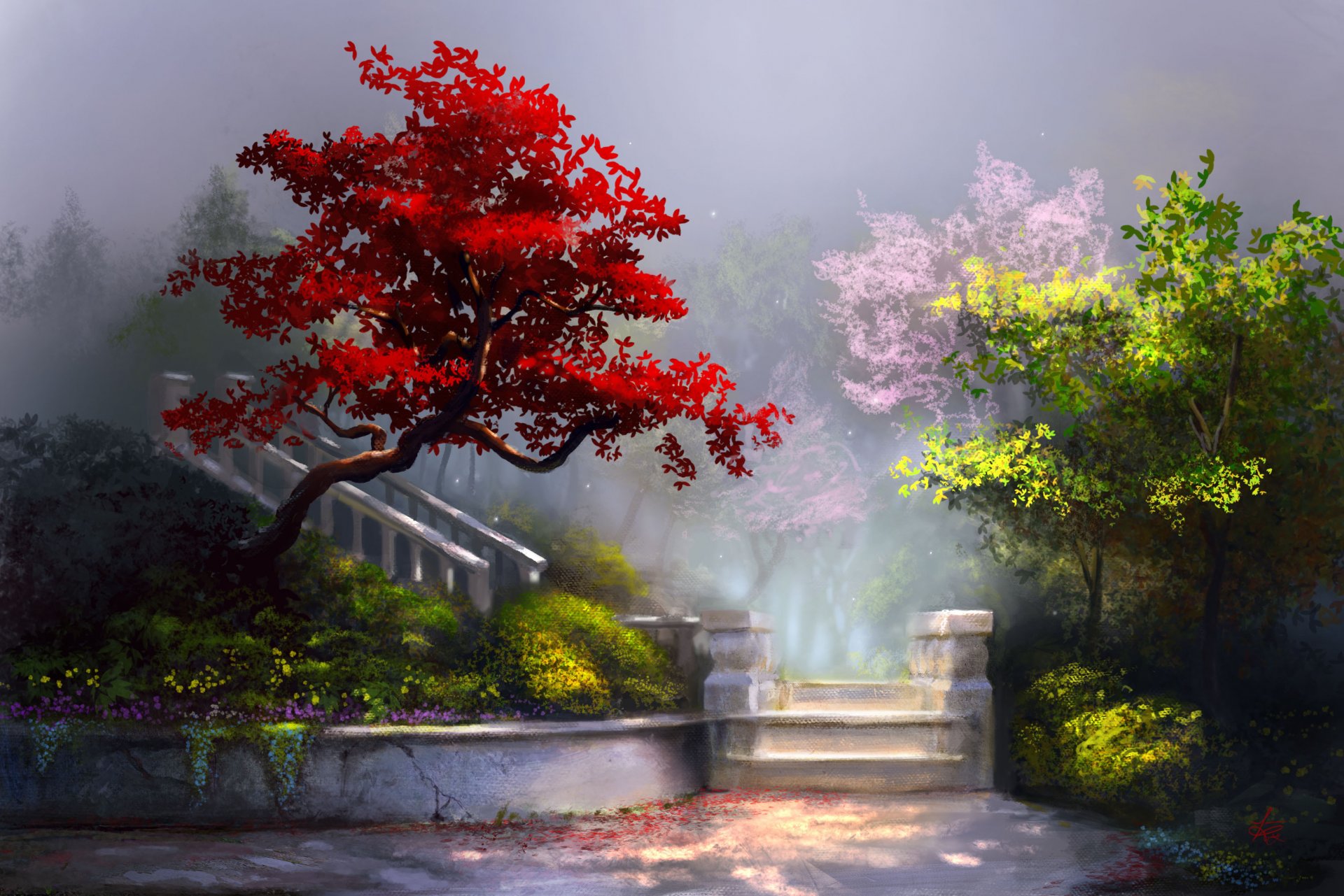 art painting tree flower nature stair