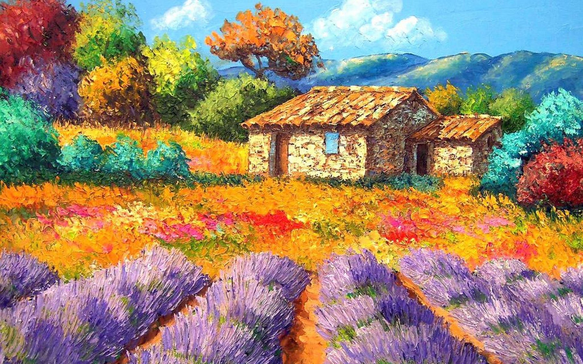 pintura paisaje patio casa jardín cama de flores flores árboles montañas cielo