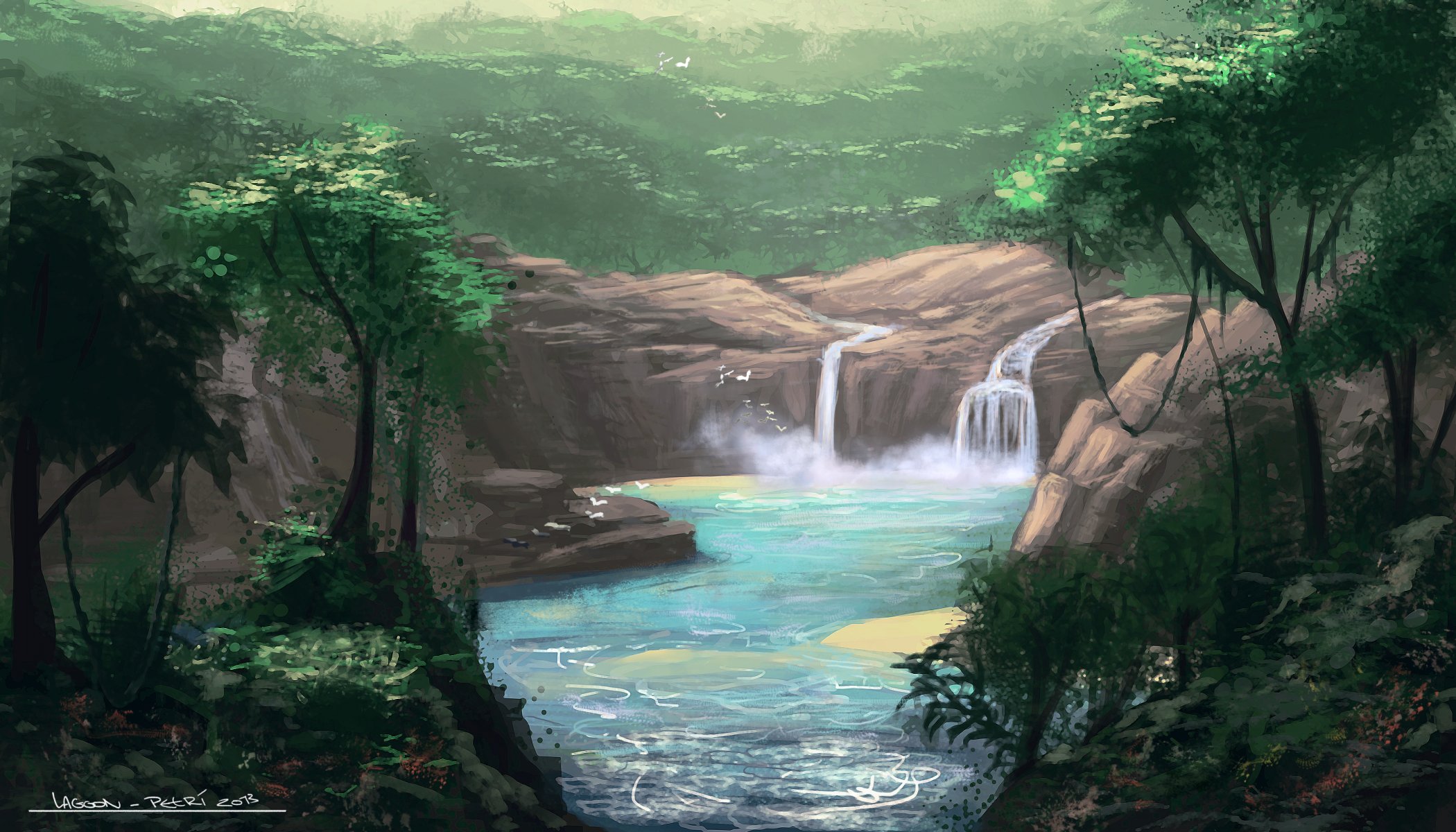 pintura naturaleza paisaje río cascada aves vuelo verano árboles