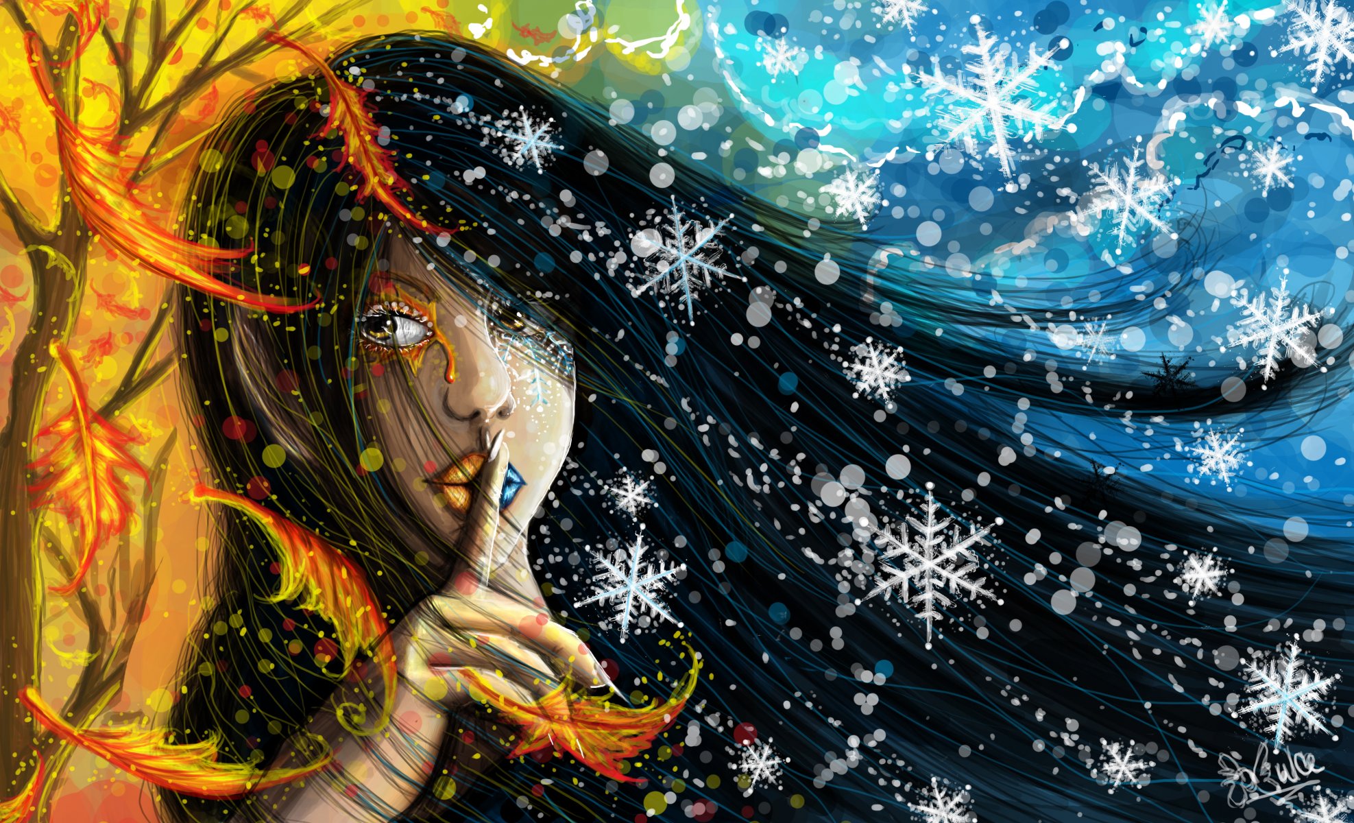 painting paint girl face view to the side lips hand long hair separation snow snowflakes winter autumn leaves yellow