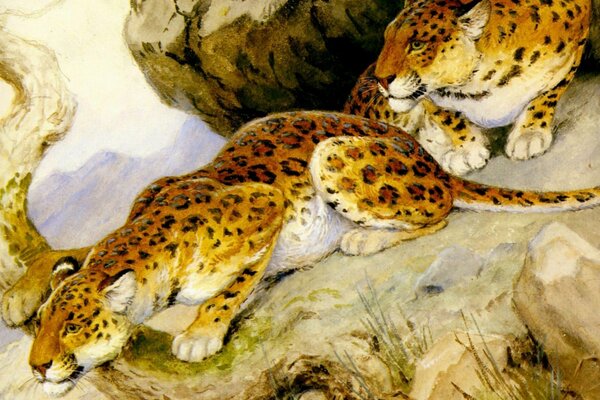 Leopardos se preparan para saltar, pintura