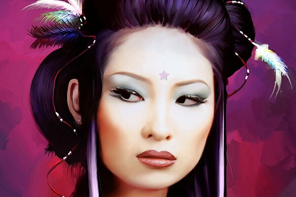 Geisha with feathers in her hairstyle and bright makeup