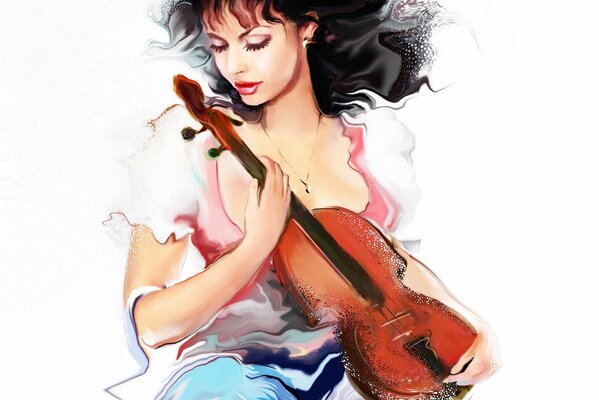 Chica morena con violín tocando música sobre un fondo blanco