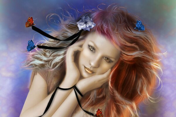 Painting a girl with butterflies of flowers in her hair