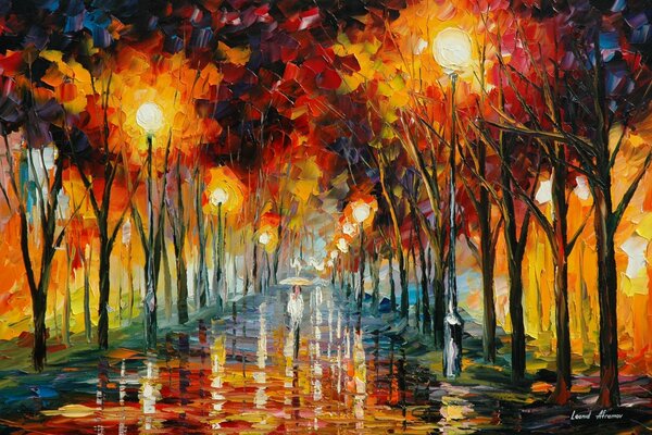 Kunst mit Pinselstrichen. Mädchen mit Regenschirm auf der Straße mit Laternen und Herbstbäumen