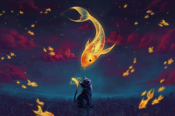 Image d art d un chaton et un poisson rouge avec des nuages cramoisis