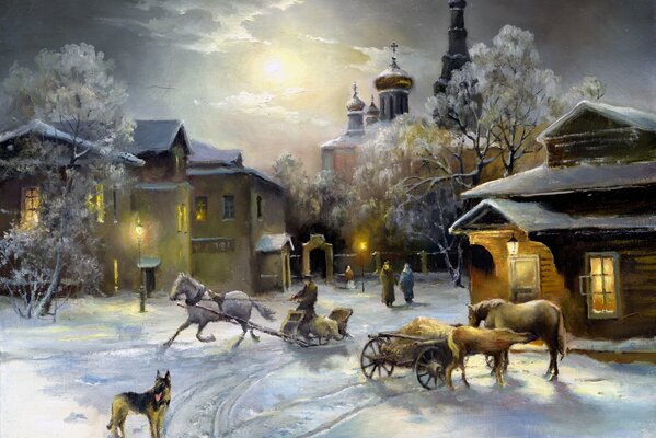 Winter evening in the village