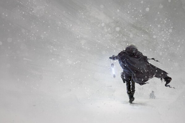 A man walks in the snow