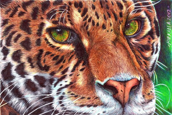 Painting of a leopard animal with green eyes