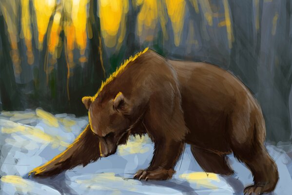 Art with a bear in a snow-covered forest on the background of sunset