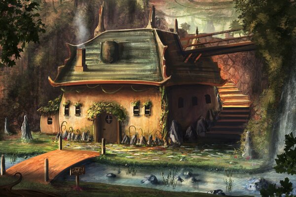 Peinture d art avec maison, rivière et cascade