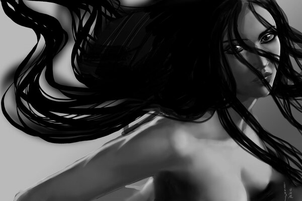 Черно-белая картинка девушки с длинными волосами
