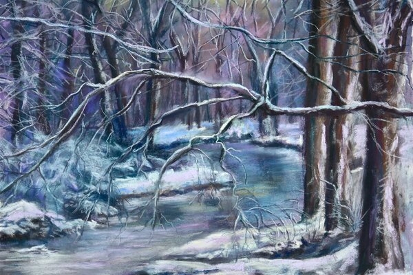 Ein Fluss im Winter im Wald, ein Bild