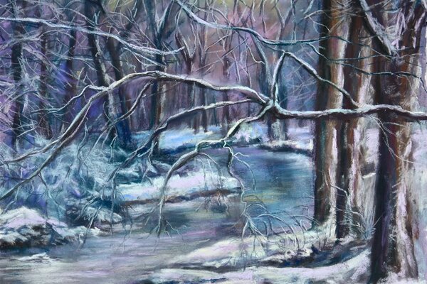 River in the forest in winter, painting