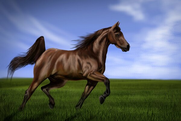 A painted horse galloping in a field