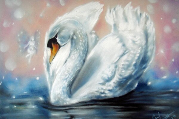 Cisne blanco en el lago y hada