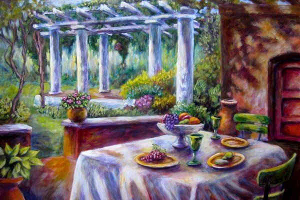 Summer veranda overlooking the garden with columns