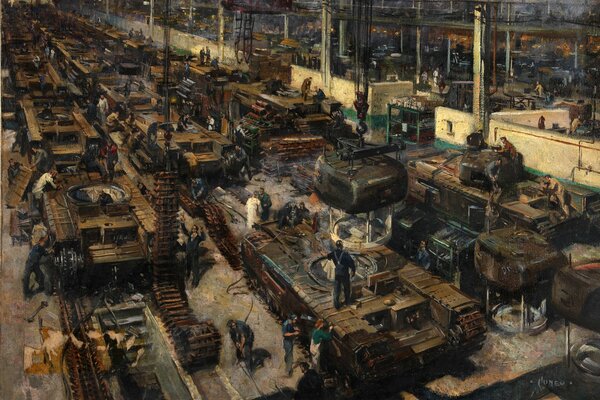 Pintura de Terence Cuneo producción de tanques en gran Bretaña 