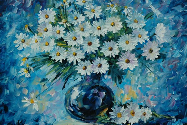 Malerei eine Vase mit Gänseblümchen auf blauem Hintergrund