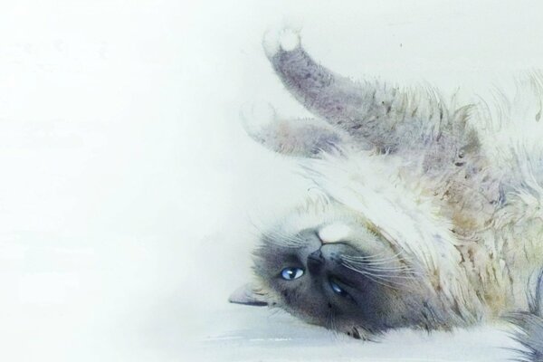 Watercolor painting cat stretches