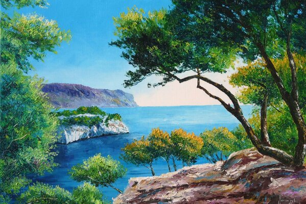 Пейзаж с сосной на каменном берегу моря
