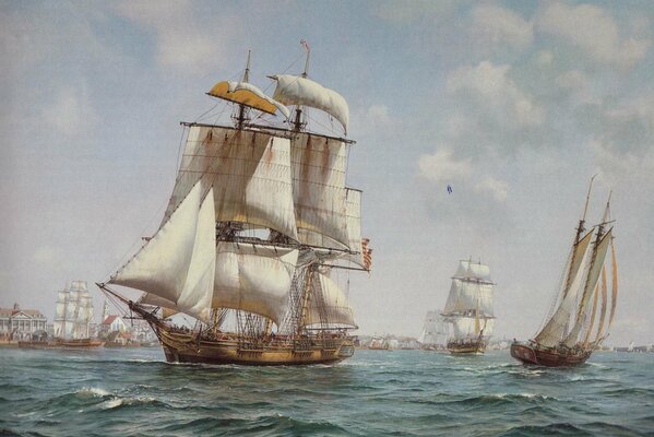 Oil painting on canvas depicting a sailboat