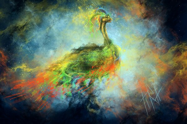 Dibujo de un pavo real en la nebulosa