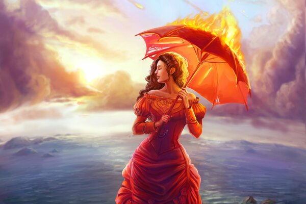 A girl with a burning umbrella on the background of the sea