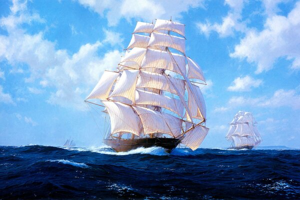 A painting by Stephen Ros. A sailboat with white sails walks on the waves of the sea