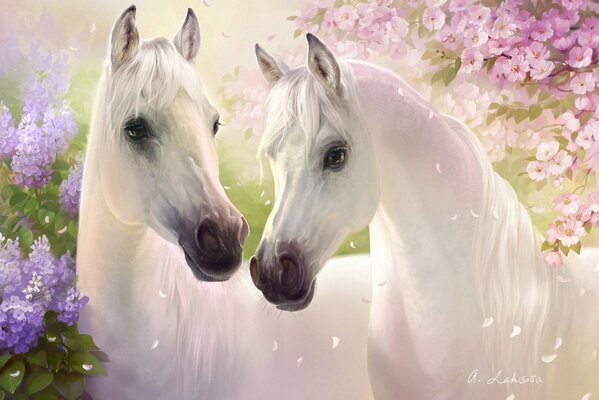 Art with a pair of white horses among blooming lilacs and cherries