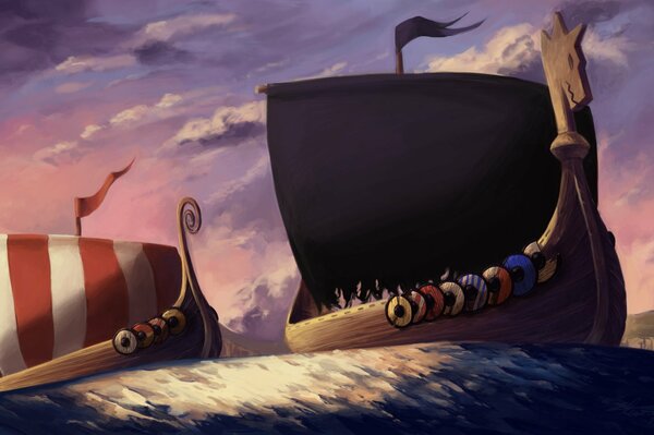 Viking ships sail on the sea