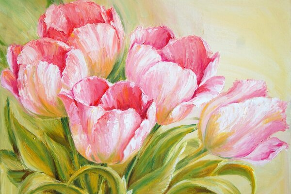 Painting of pink tulips on a green background