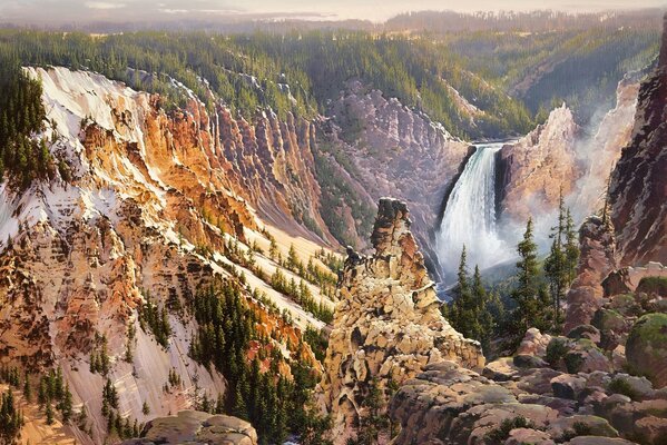 Montañas amarillas, cascada, pintura y naturaleza de Yellowstone