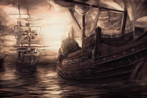 Картина кораблей плывущих по морю