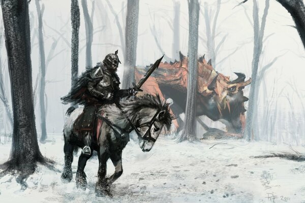 A rider in the winter forest hunts a dragon